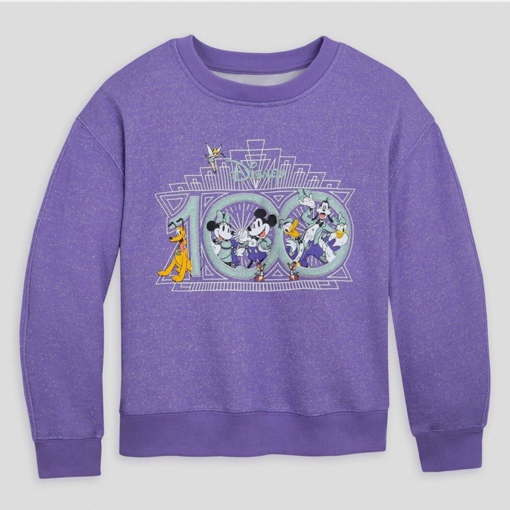 Disney Mickey & Friends 100 Celebration Purple Glitter Sweatshirt, size 11/12